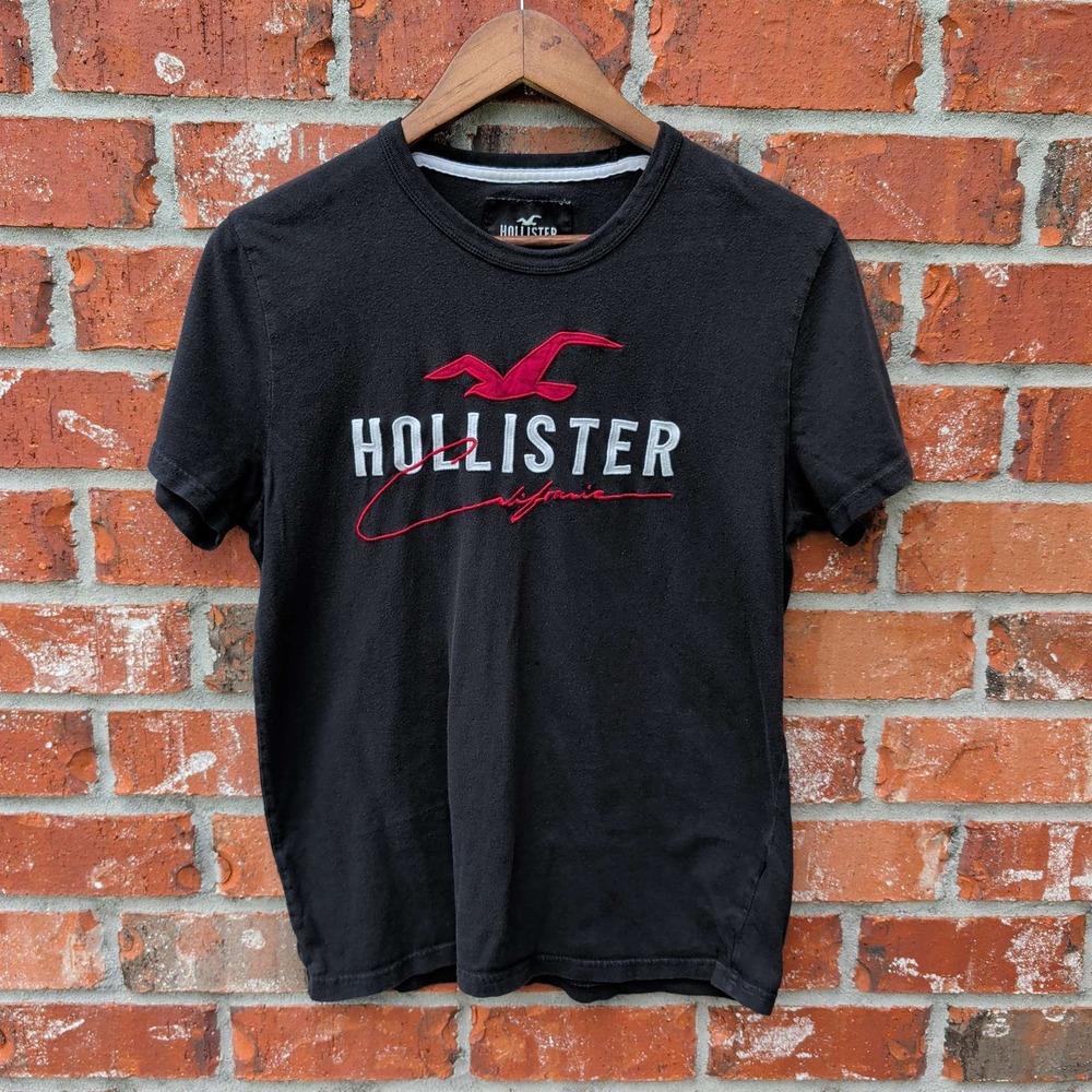 Hollister Graphic T-Shirt Mens Small Black Embroidered Logo California Tee
